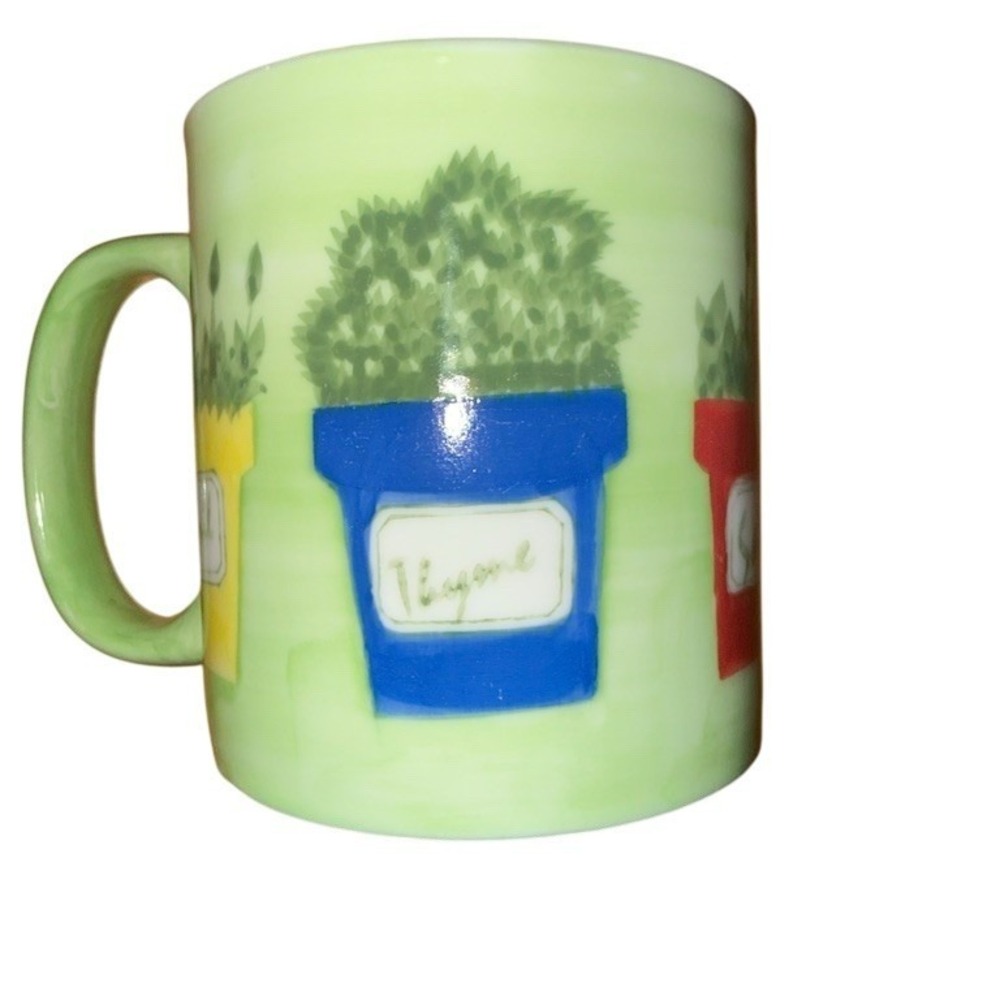 Eddie Bauer Coffee Mug Green Garden Herb Pots Illustrated Microwave Safe ceramic